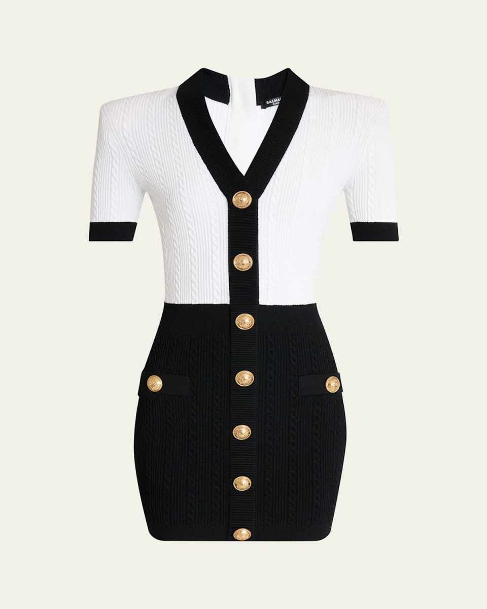 V-Neck Buttoned Strong-Shoulder Torsade Knit Mini Dress